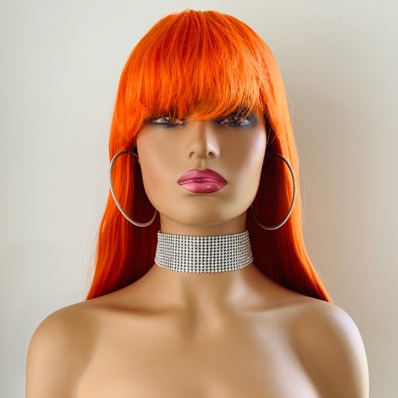 Orange “Put On & Go” Synthetic Event Wig with Bangs  🎃 NO FURTHER DISCOUNT - Picture 6 of 11